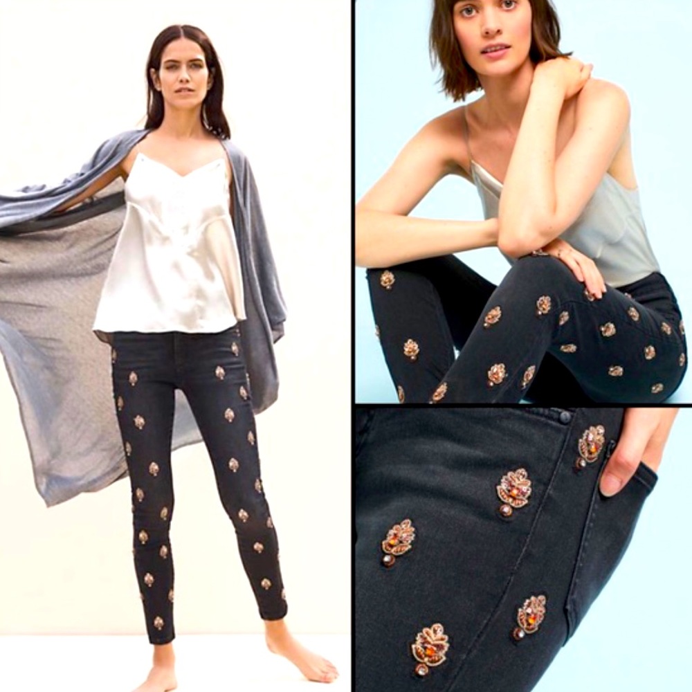 Anthropologie NWT Pilcro Script High-Rise Embellished Skinny Jeans Size 28